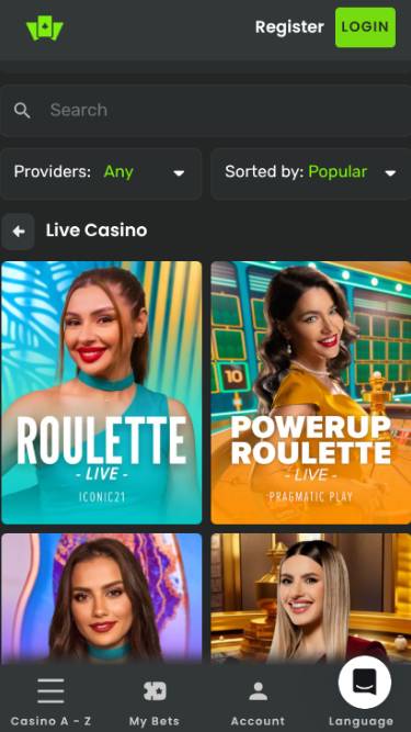 Live games mobile page screenshot of Wilderbet Casino