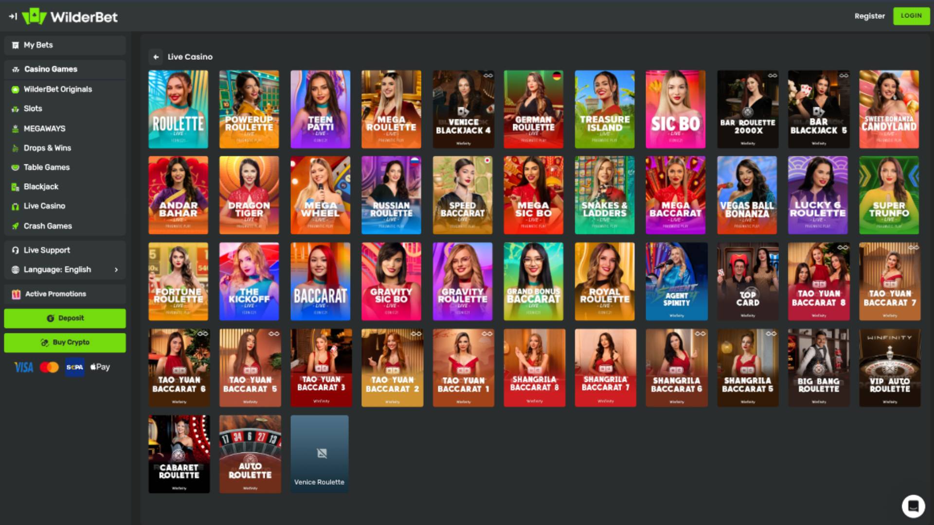 Live page screenshot of Wilderbet Casino