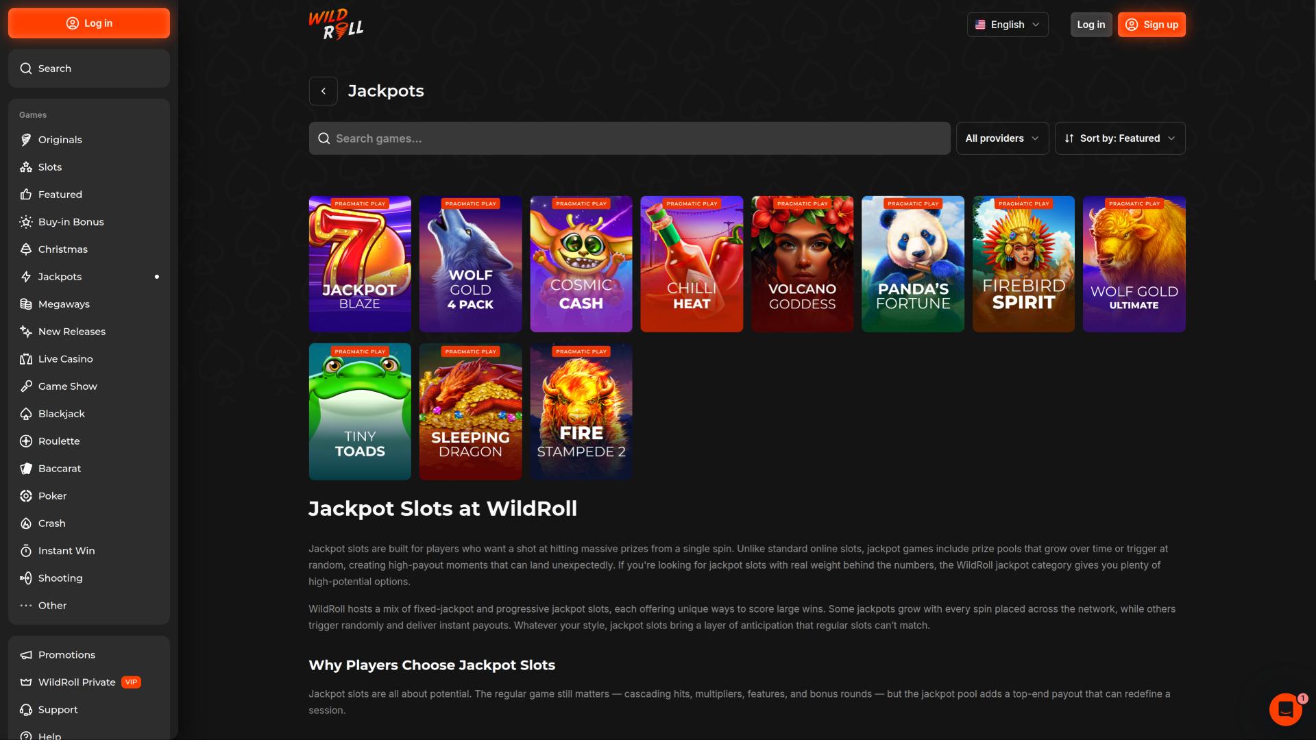 WildRoll Casino jackpot page