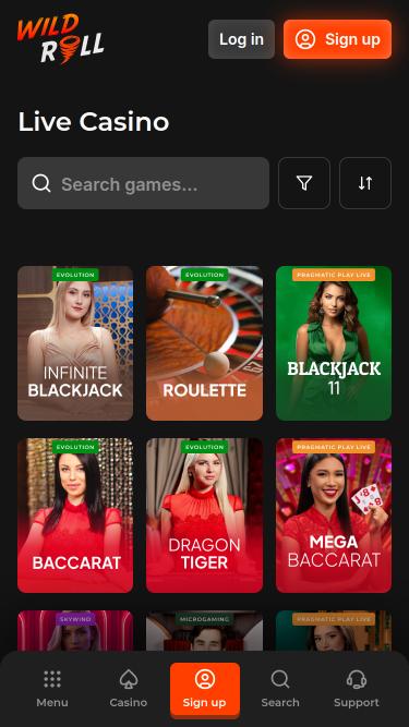WildRoll Casino live dealer mobile page