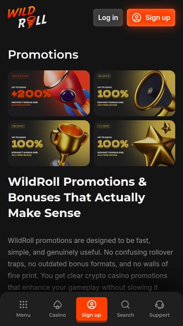 WildRoll Casino promotions mobile page