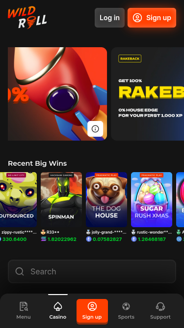 Page d'accueil mobile du casino WindRoll