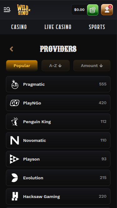 Wildsino Casino mobile Spielentwickler