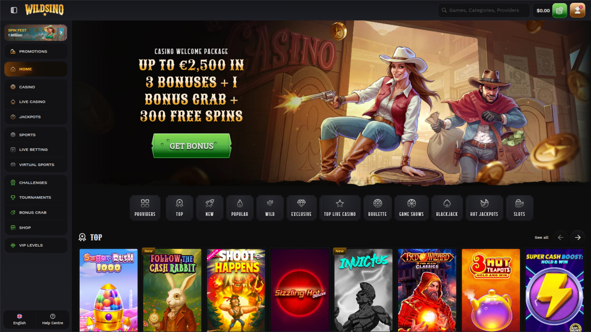 Wildsino Casino Desktop-Startseite