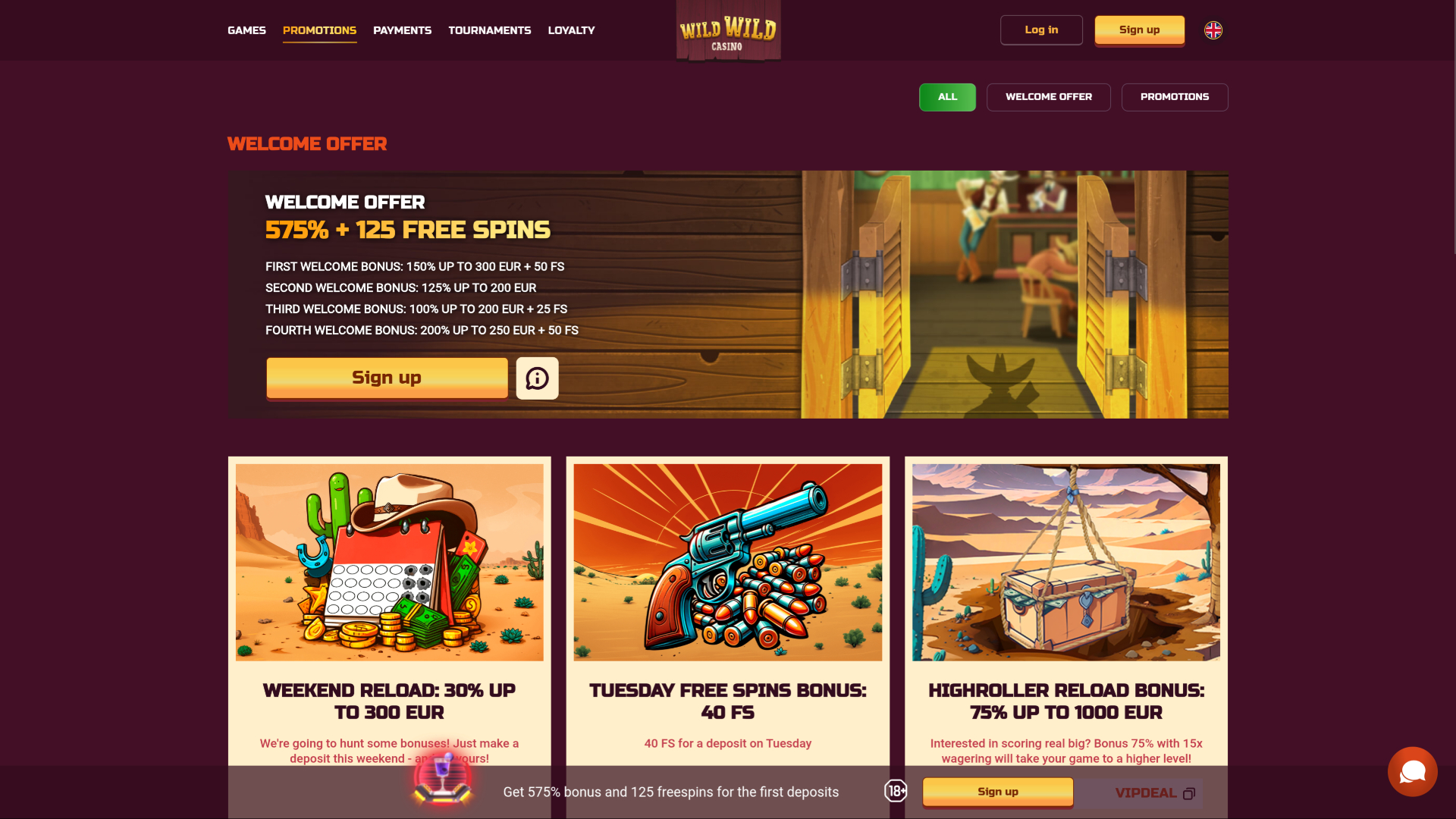Promozioni desktop di Wild Wild Casino