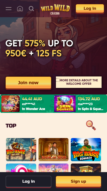 Pagina iniziale mobile di Wild Wild Casino