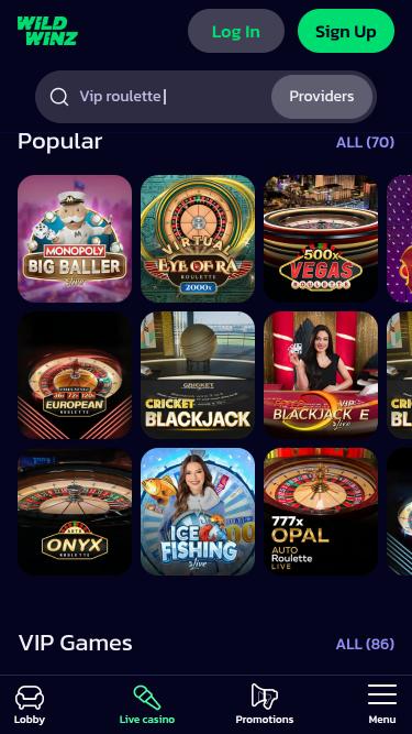 WildWinz Casino live dealer mobile page
