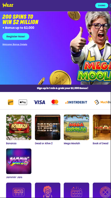 Wildz Casino mobile Startseite