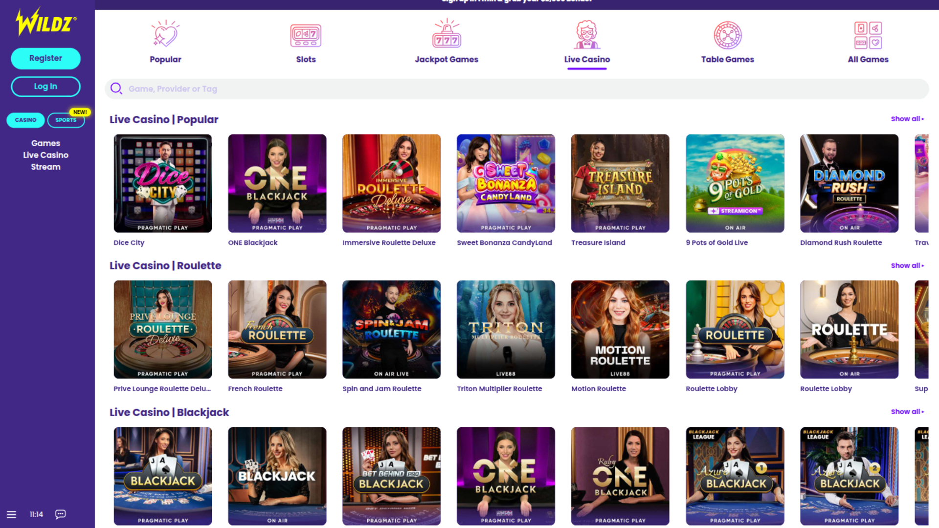 Wildz Casino Desktop-Live-Dealer