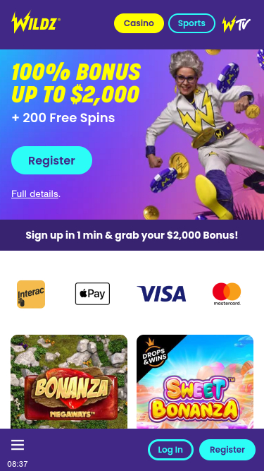 Wildz Casino Mobile Homepage