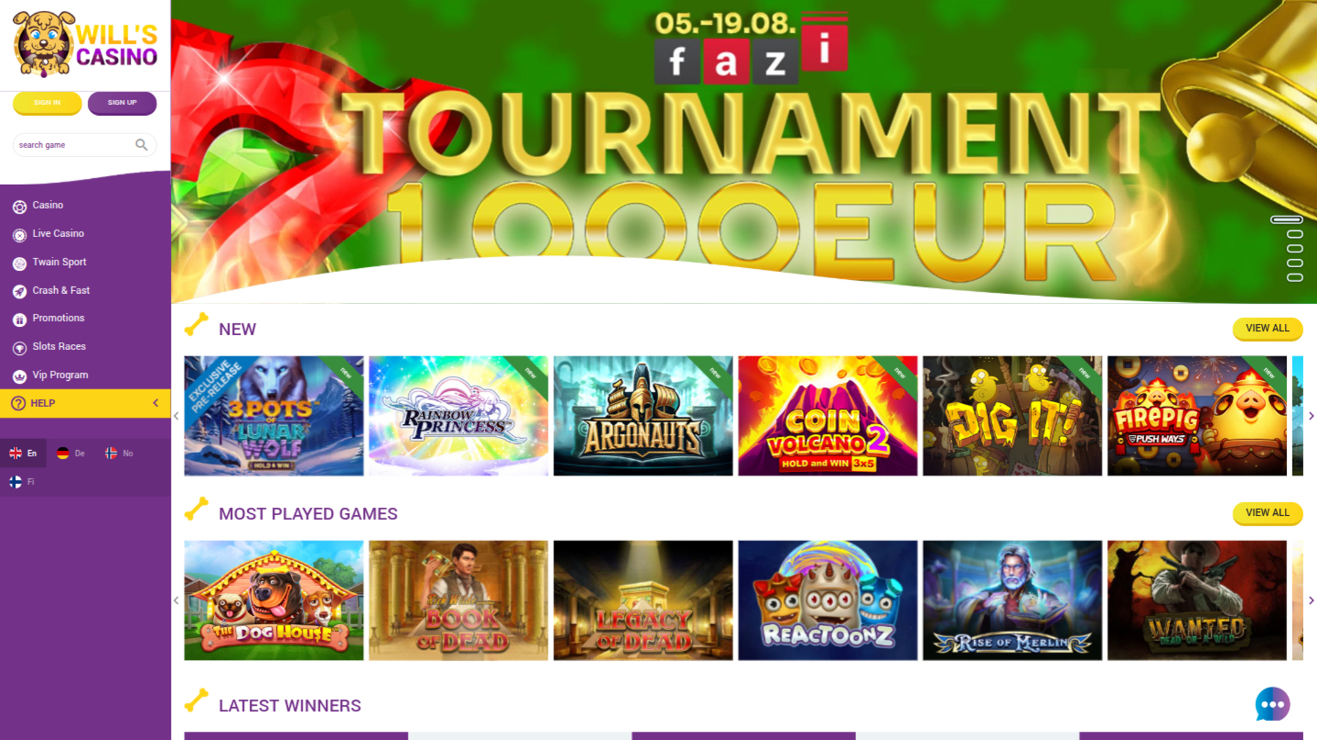 Page d'accueil sur ordinateur de Wills Casino