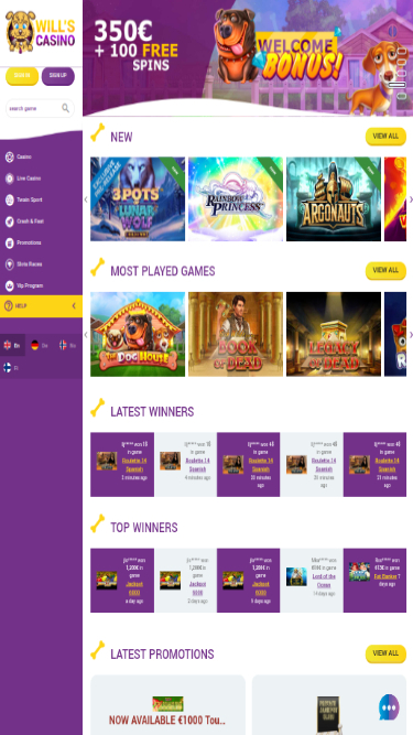 Page d'accueil mobile de Wills Casino