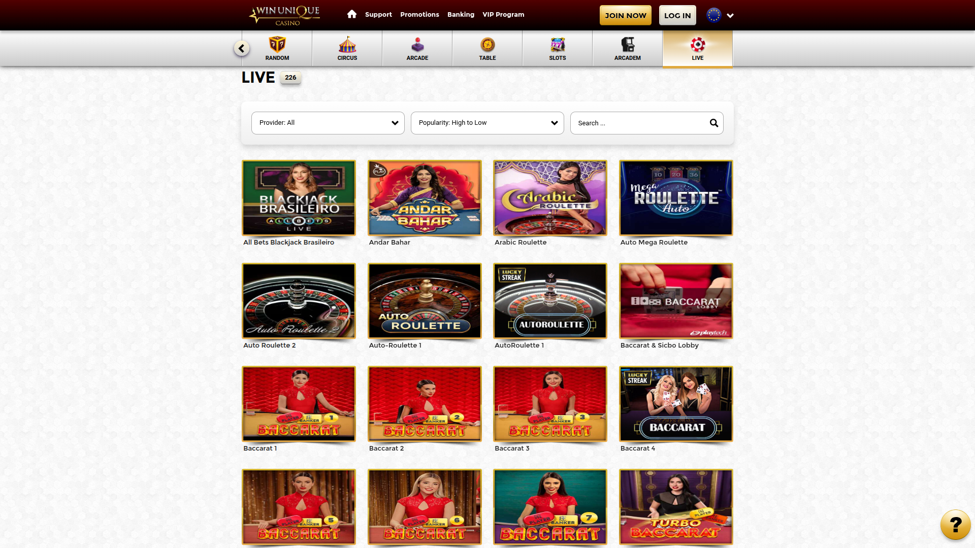 Casinò live desktop di Win Unique Casino