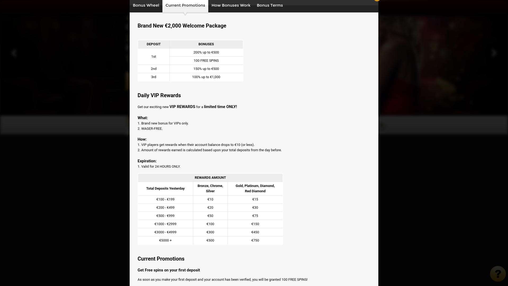 Promozioni desktop di Win Unique Casino