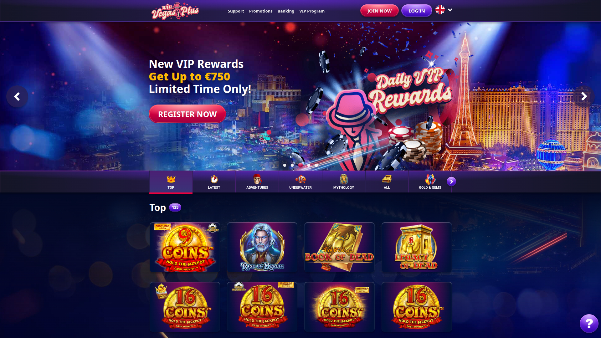 Page d'accueil du casino Win Vegasplus pour ordinateur