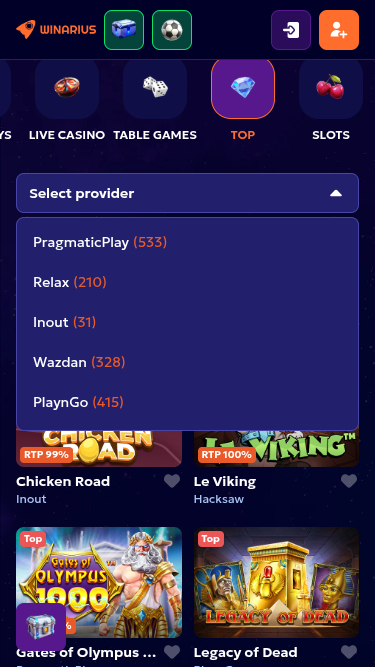 Développeurs de jeux mobiles de Winarius Casino