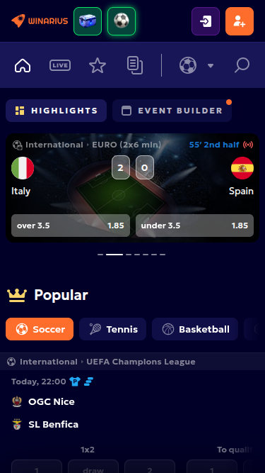 Sports mobiles de Winarius Casino