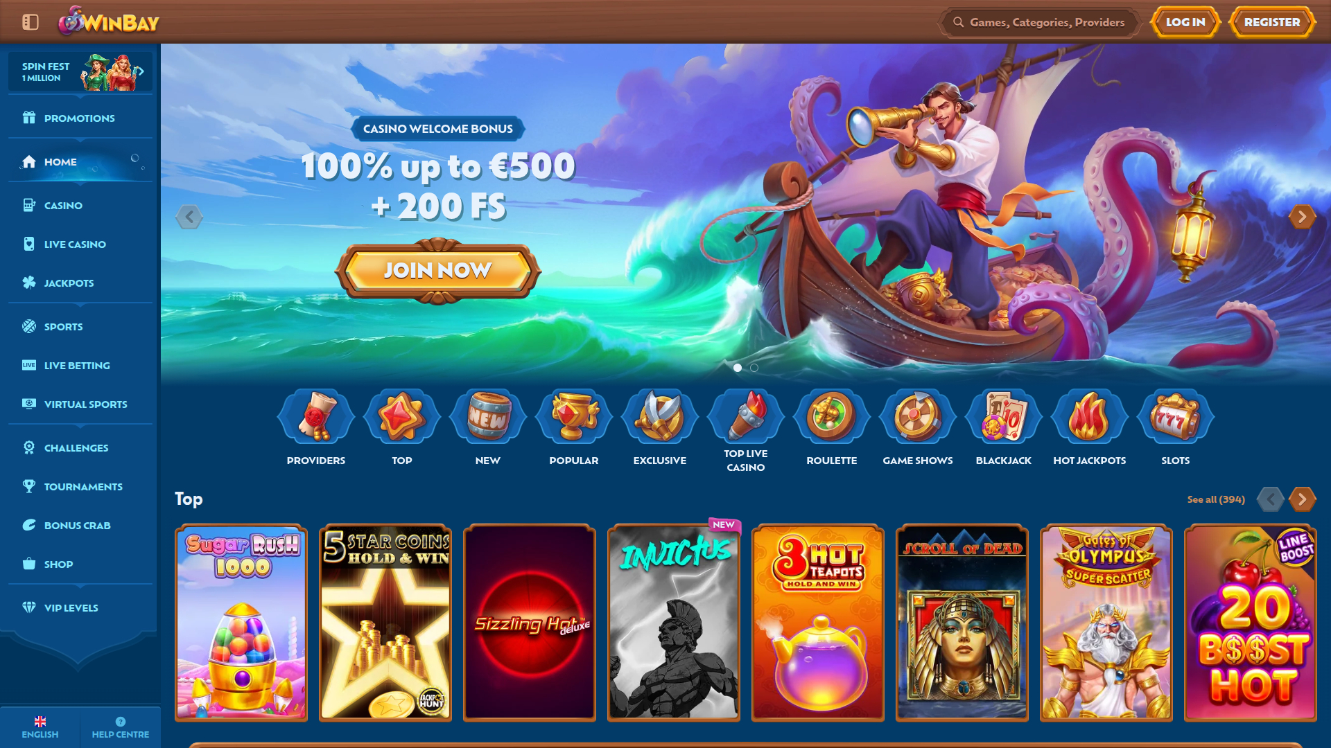 Page d'accueil sur ordinateur de WinBay Casino