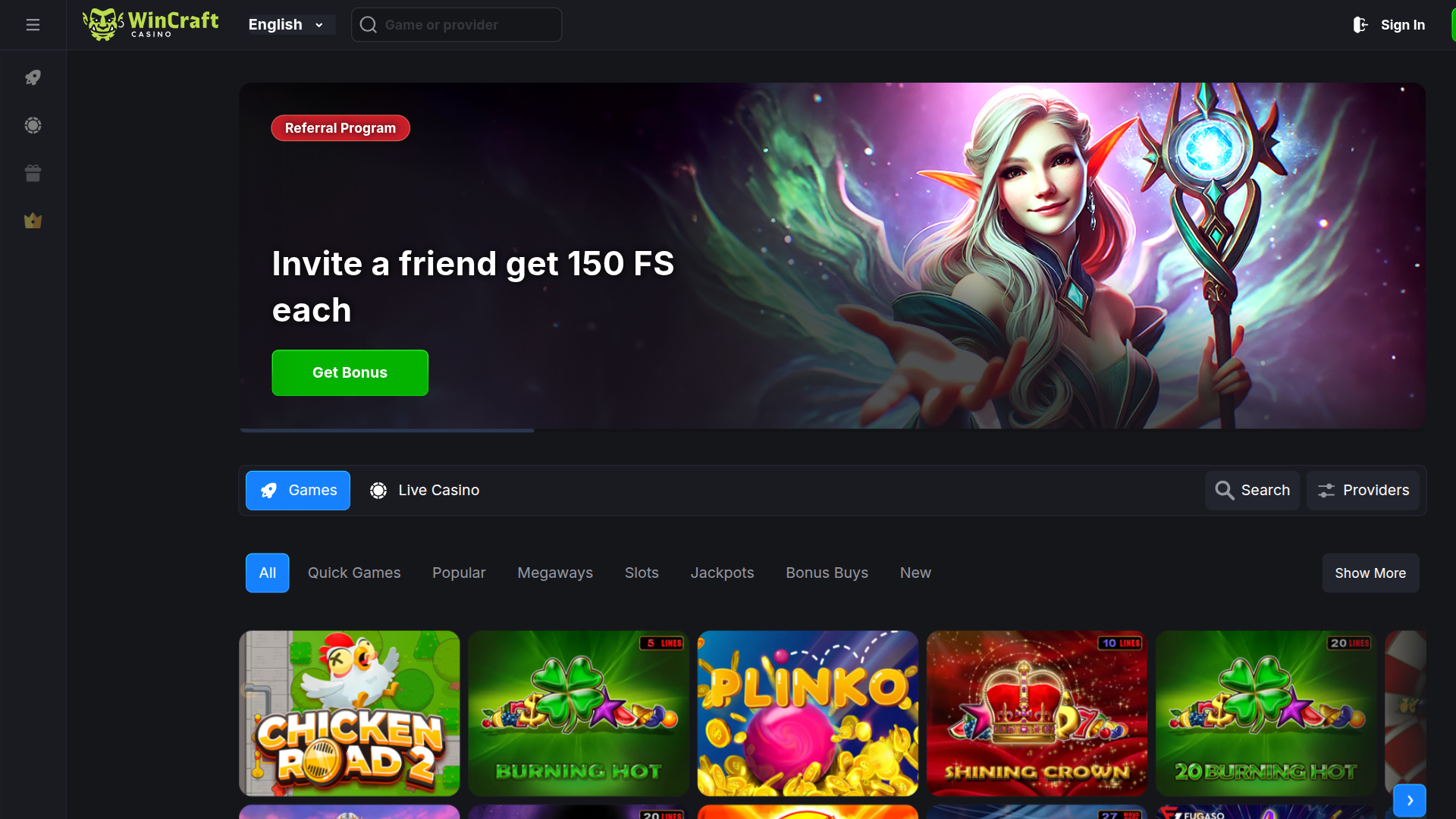 Página de inicio de escritorio de WinCraft Casino