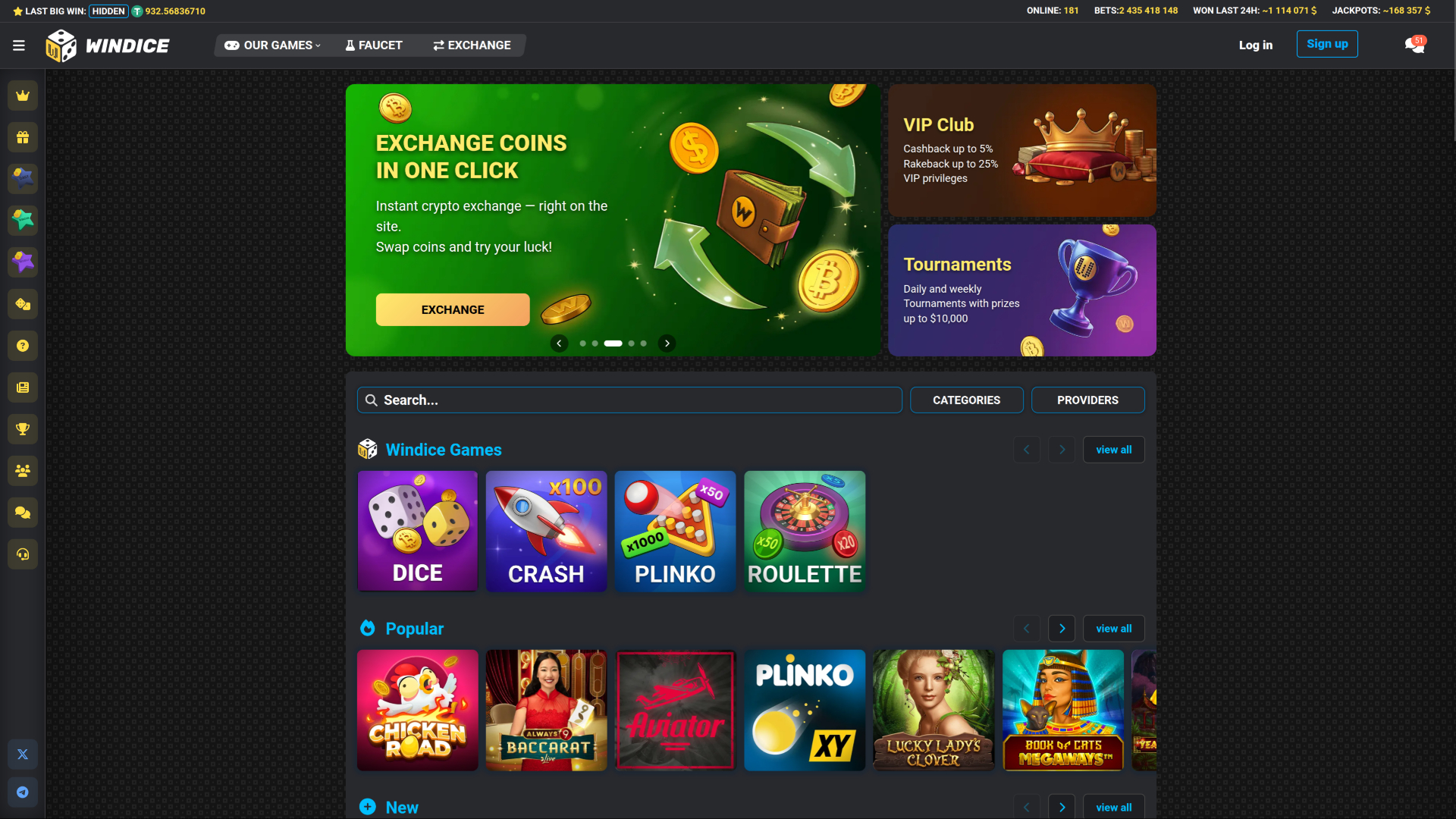 Pagina iniziale desktop di WinDice Casino