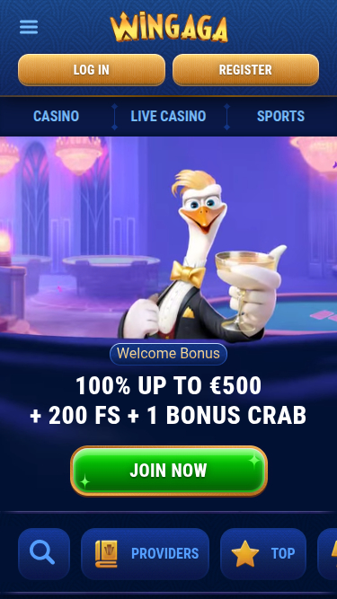 Page d'accueil mobile de WinGaga Casino