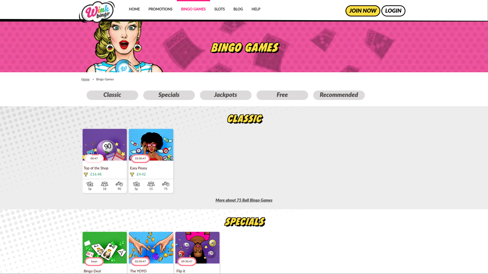 Juegos de bingo de escritorio de Wink Bingo Casino