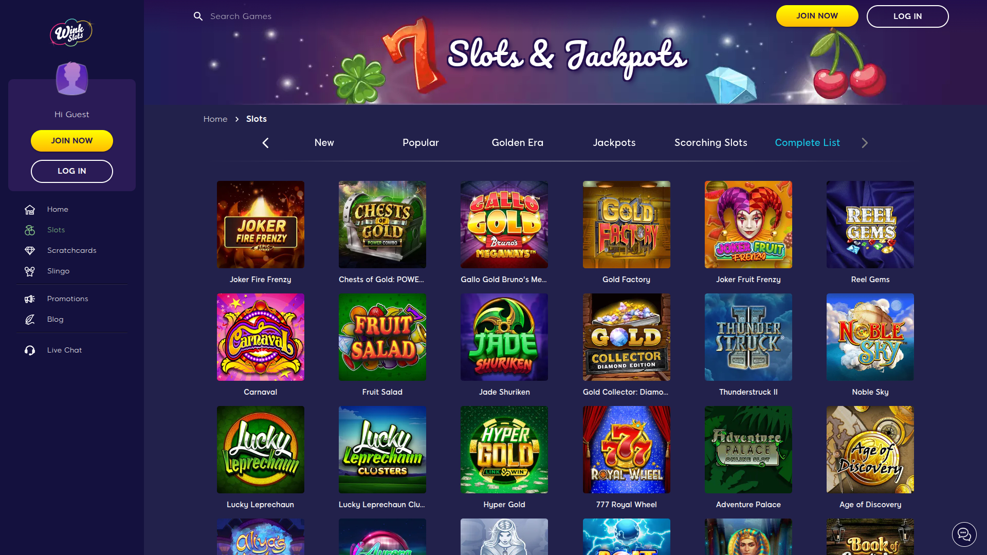 Juegos de escritorio de Wink Slots Casino