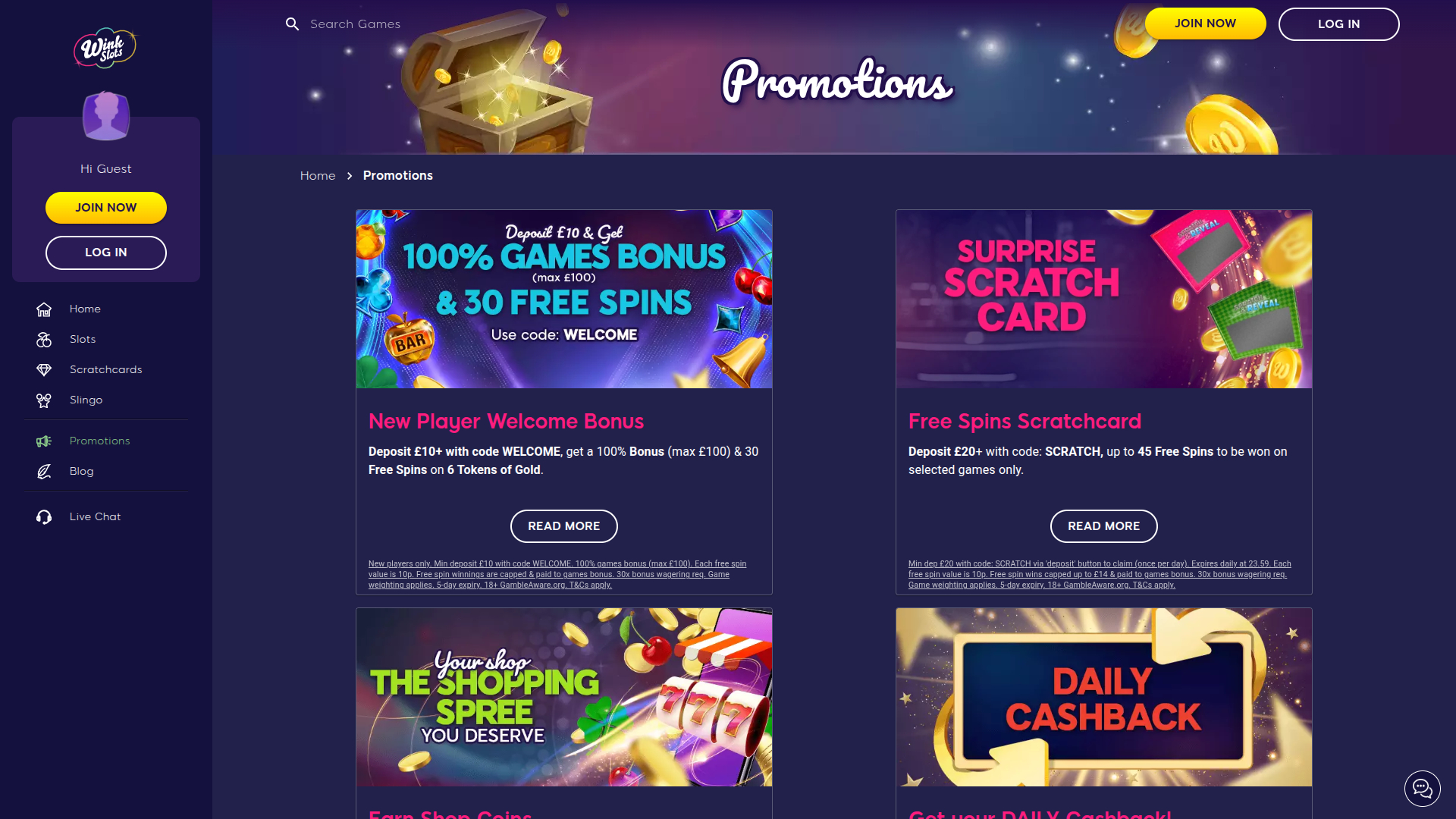 Promociones de escritorio de Wink Slots Casino