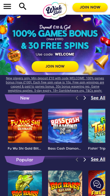 Página de inicio móvil de Wink Slots Casino