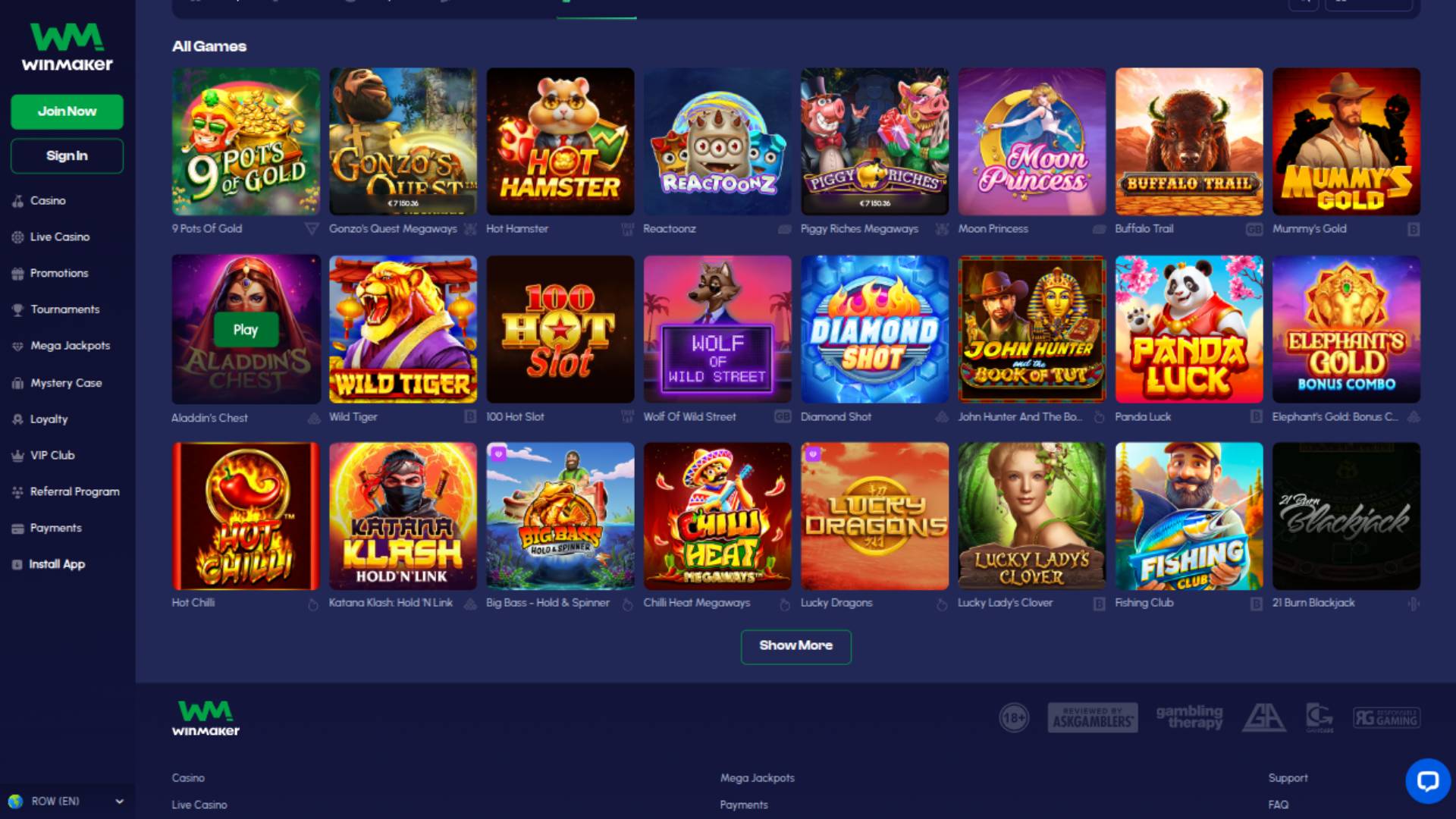 Screenshot della pagina dei giochi di Winmaker Casino 