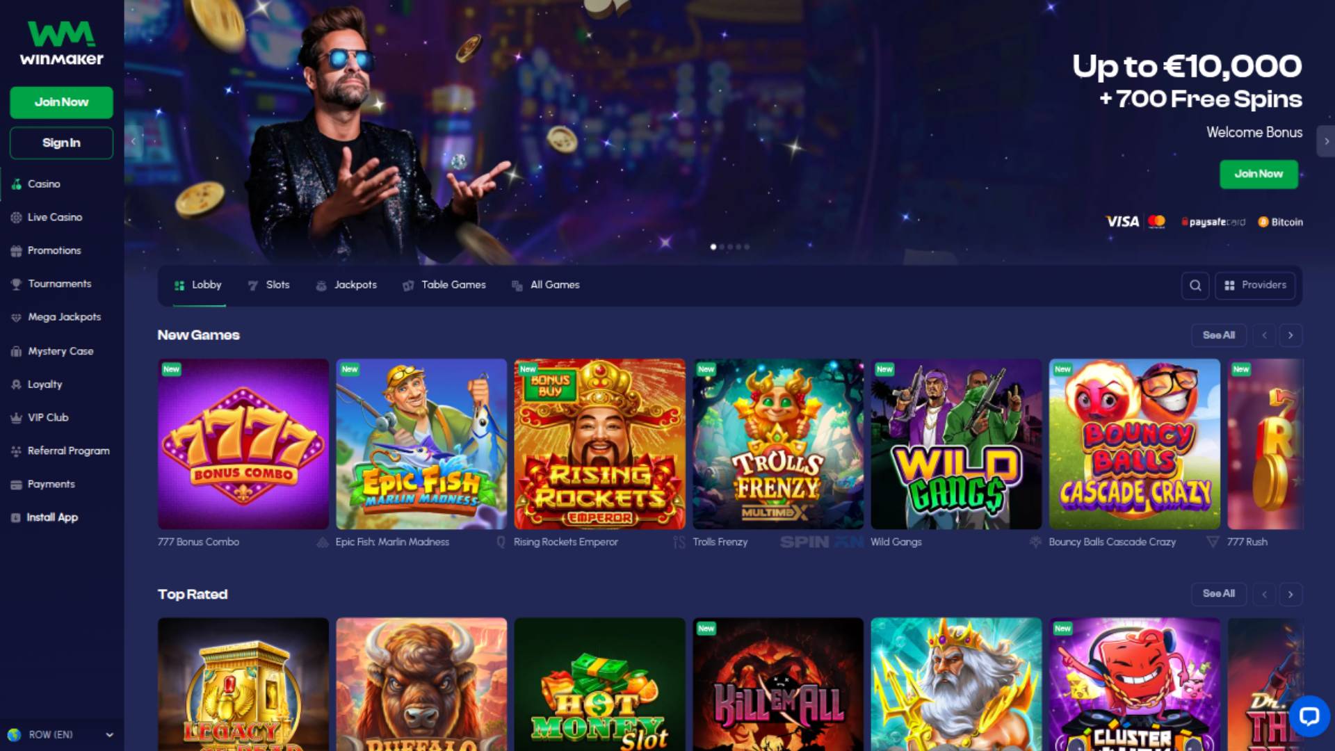 Screenshot della homepage di Winmaker Casino 