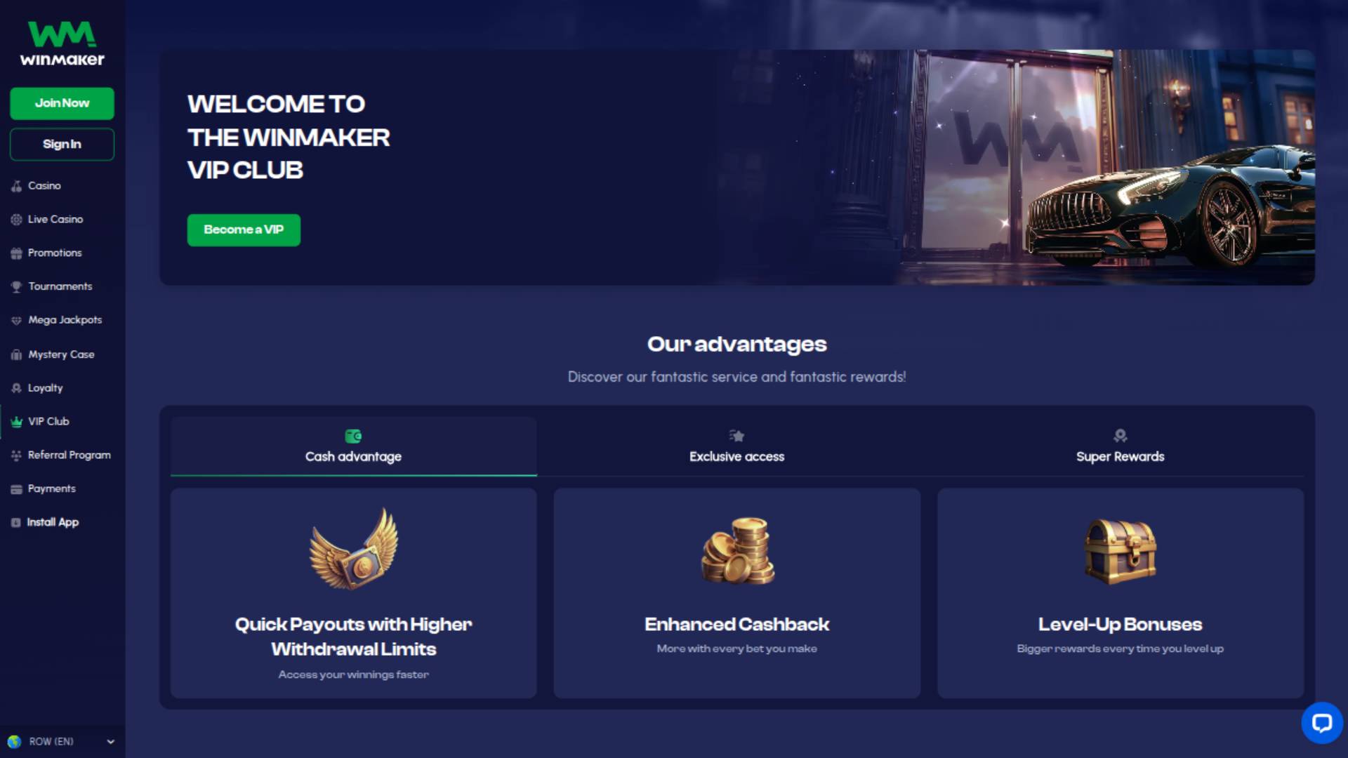Screenshot della pagina VIP di Winmaker Casino 
