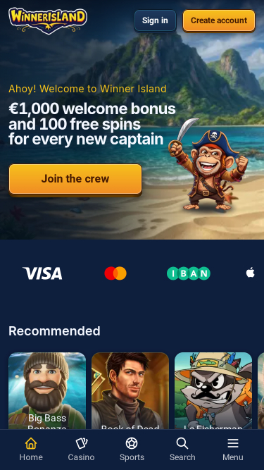 Pagina iniziale mobile del casinò Winner Island