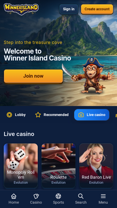 Casinò mobile Winner Island con croupier dal vivo
