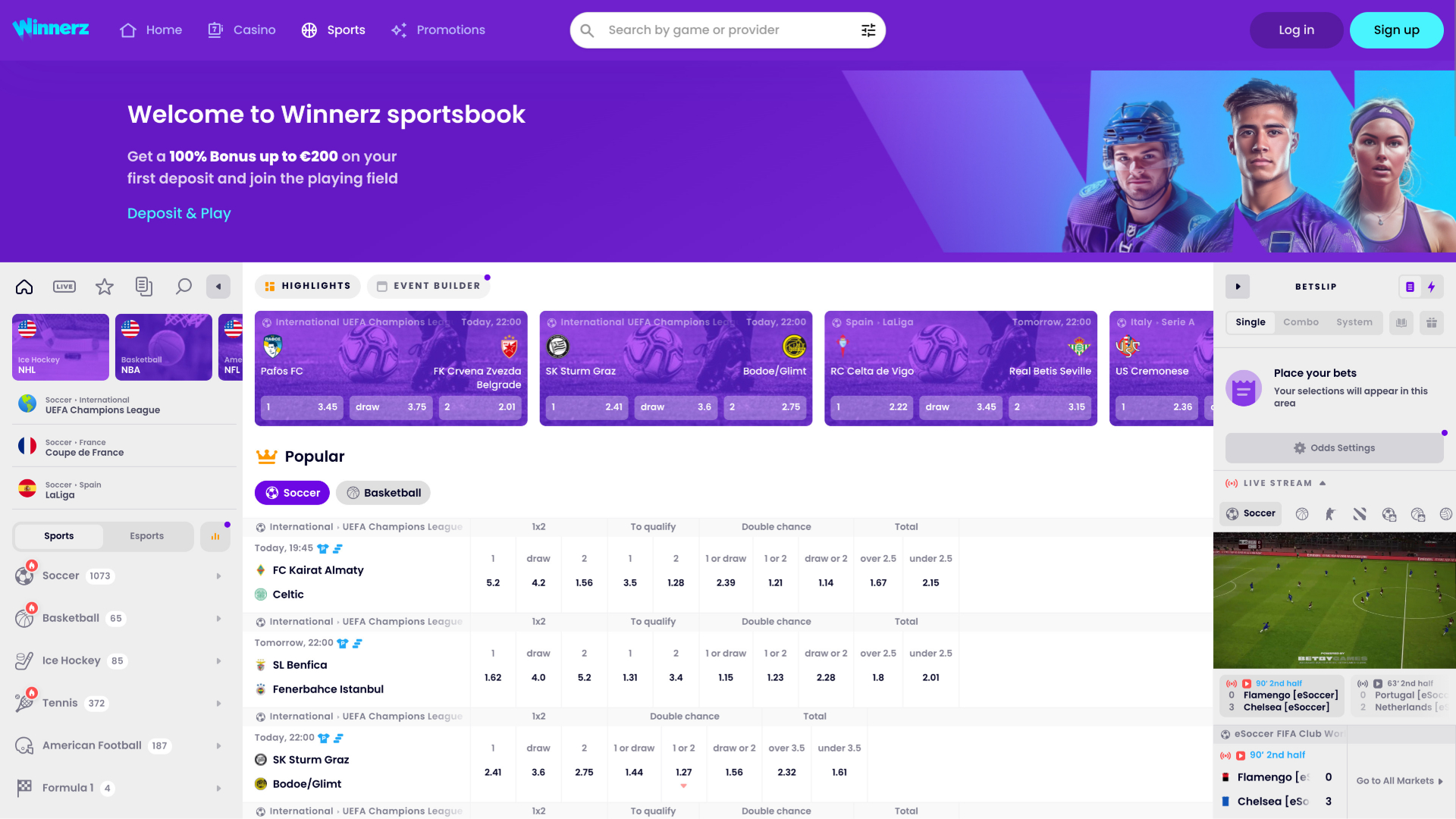 Sports sur ordinateur de Winnerz Casino