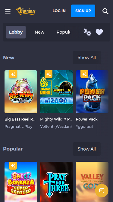 Jeux mobiles de Winning Casino