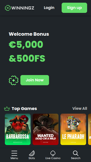 Winningz Casino Mobile Homepage