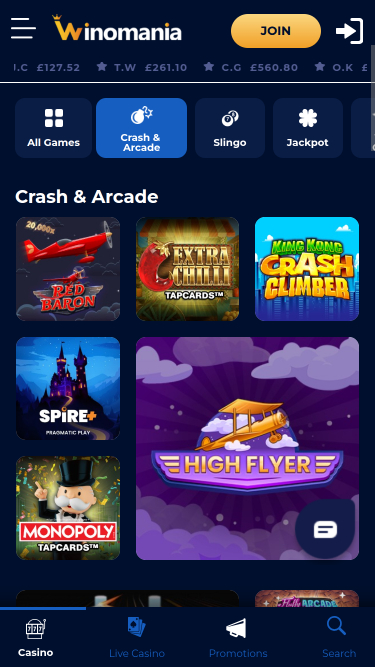 Jeux d'arcade mobiles du casino WinOMania