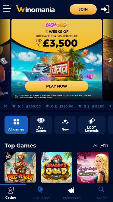 Page d'accueil mobile de WinOMania Casino