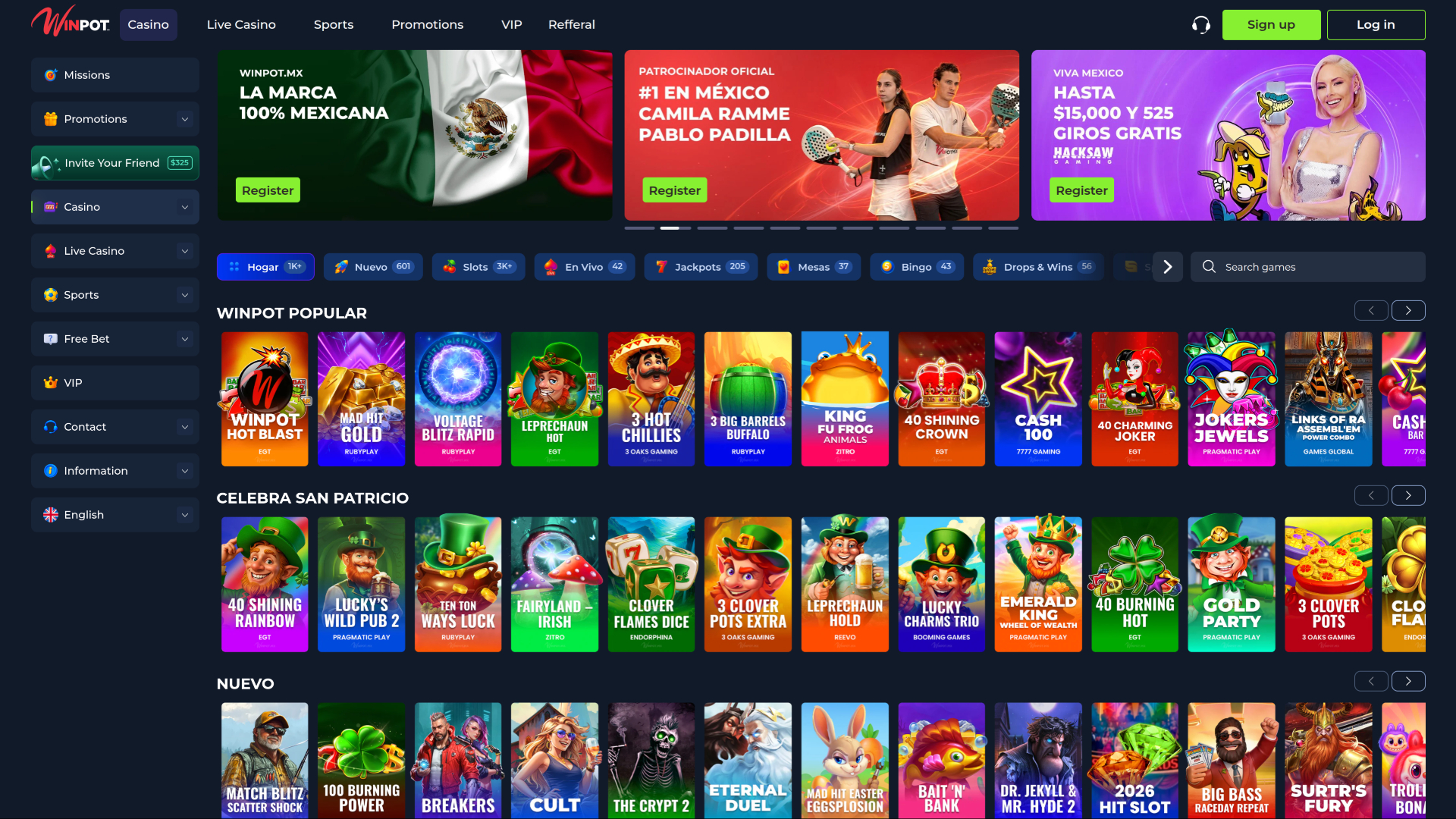 Página de inicio de WinPot Casino para escritorio