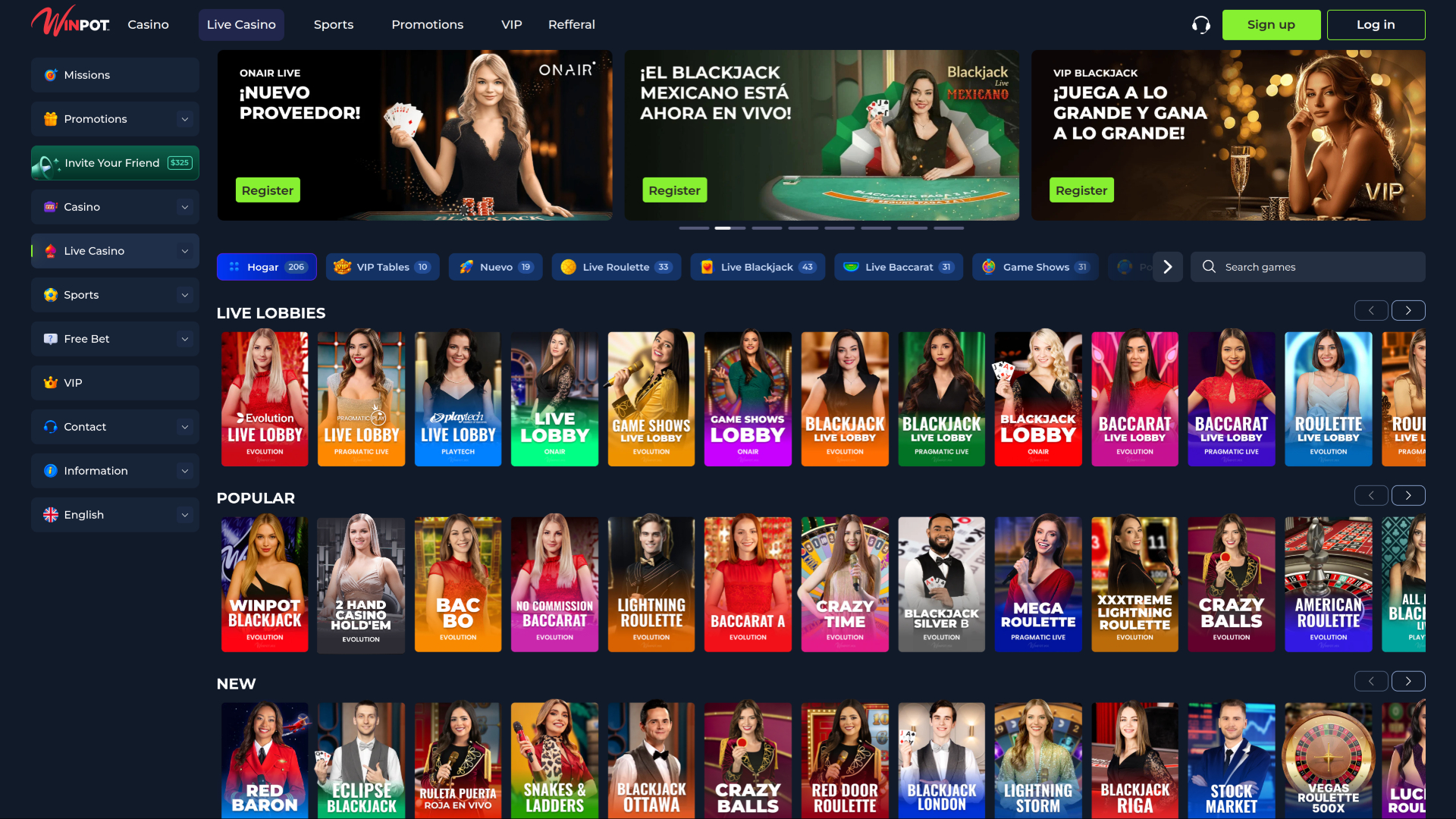 WinPot Casino Escritorio Crupier en vivo