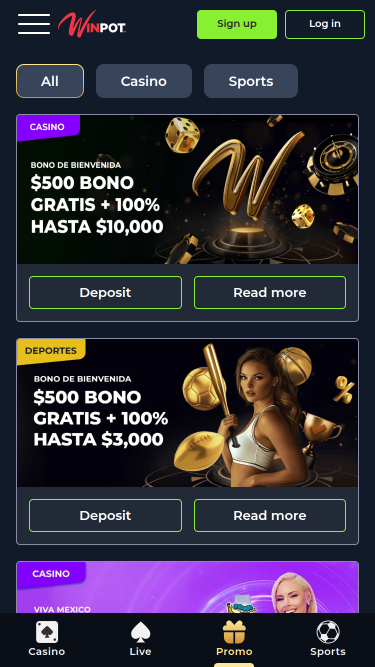 Promociones móviles de Winpot Casino
