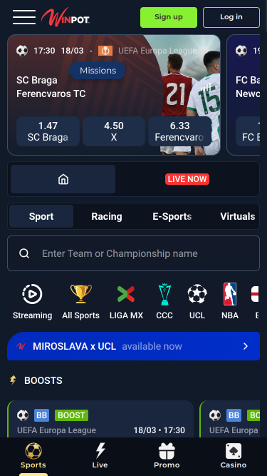 Apuestas deportivas móviles en WinPot Casino