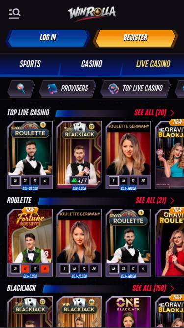 Скриншот мобильной версии страницы WinRolla Casino в режиме реального времени.