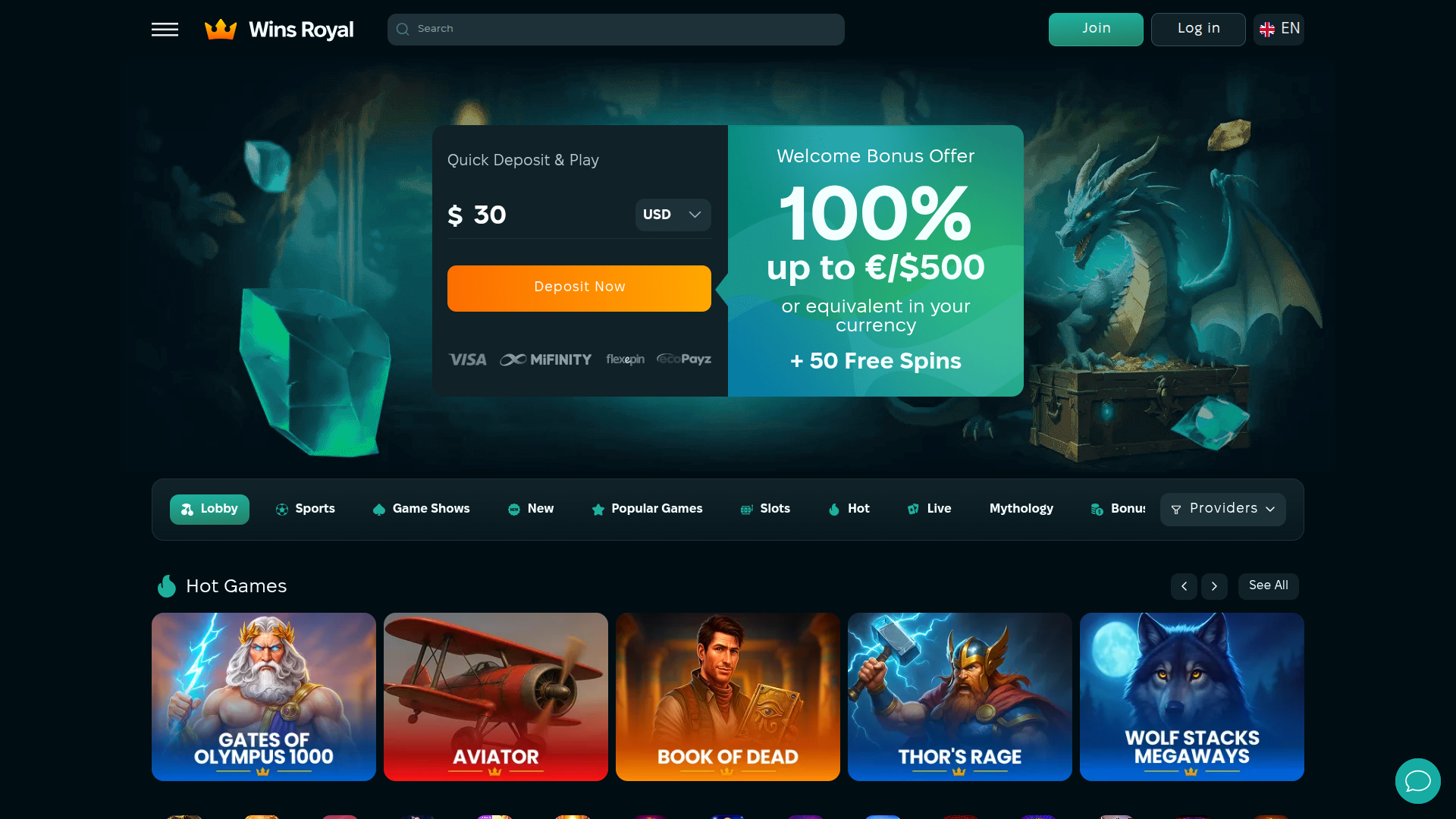 Pagina iniziale desktop di Wins Royal Casino