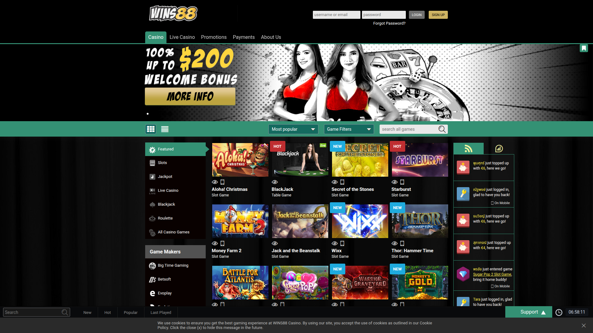 Homepage desktop di Wins88 Casino