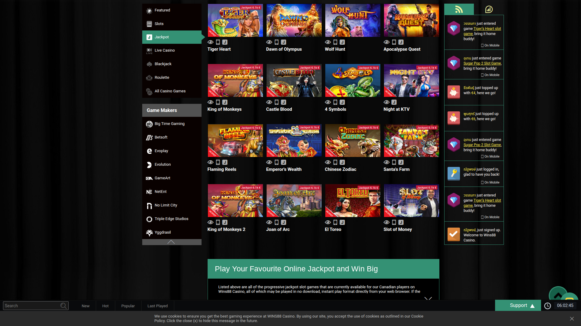 Jackpot desktop di Wins88 Casino