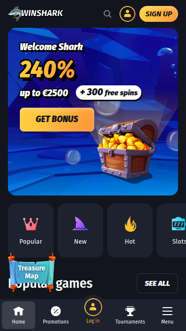 Page d'accueil mobile de Winshark Casino