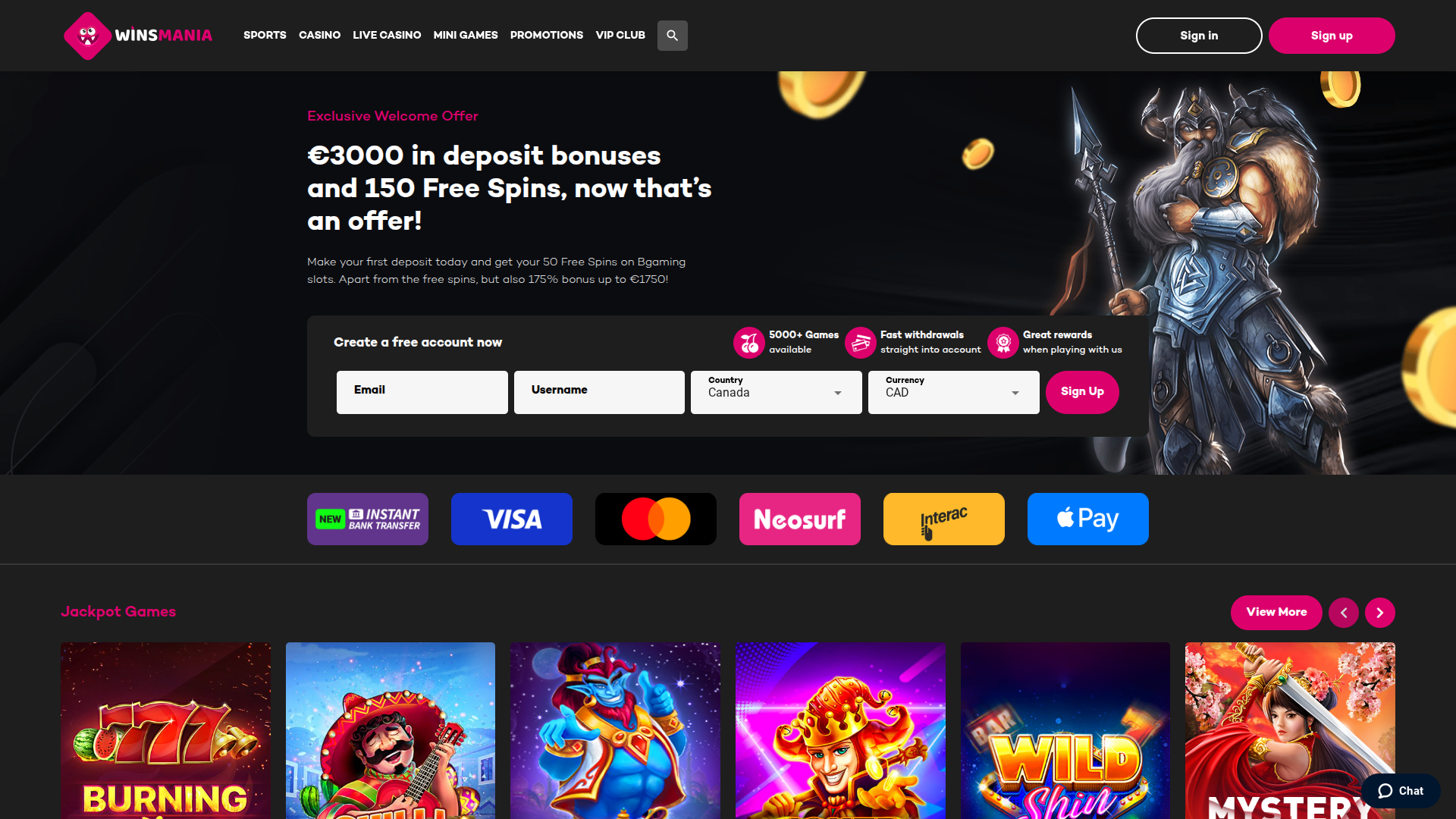 Homepage desktop di WinsMania Casino