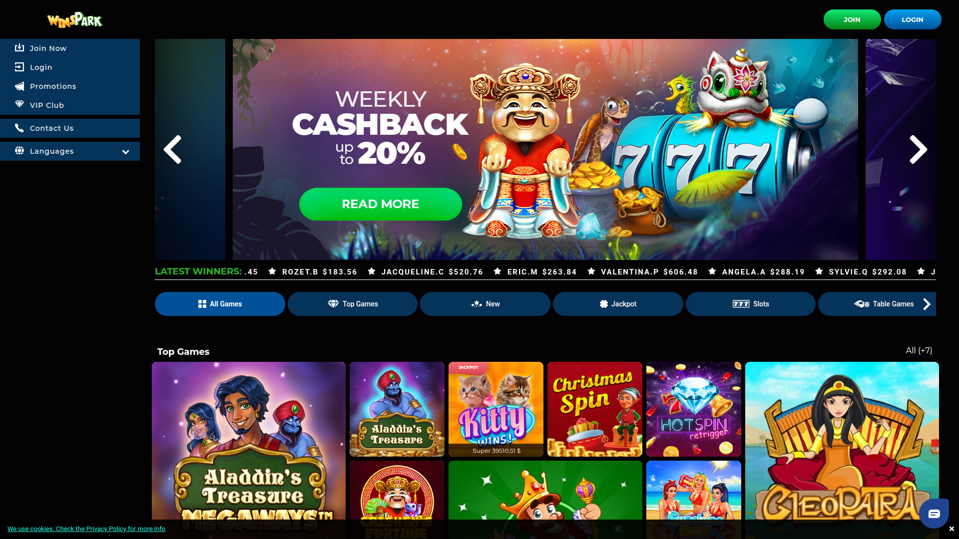 Page d'accueil sur ordinateur de Winspark